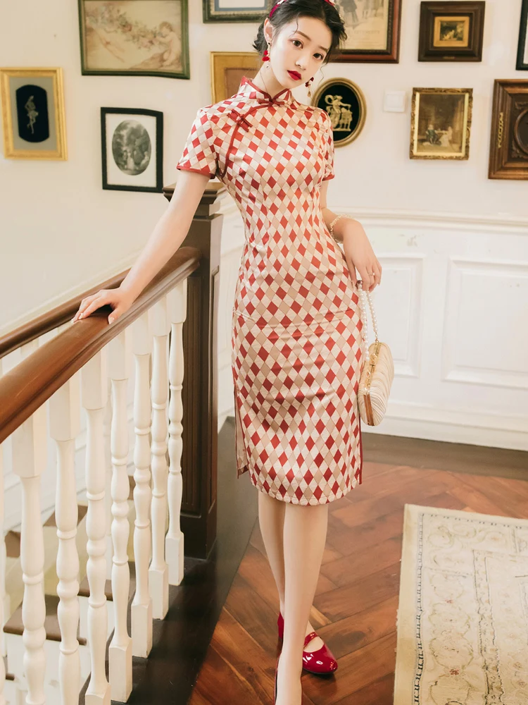 

2020 new fashion women's clothing Mandarin Collar Plaid Short Vintage dresses women dress