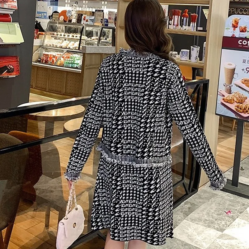 

Office Ladies Plus Size Autumn Winter Tassel Tweed 2Pcs Sets Long Sleeve Short Jackets Sleeveless O-Neck Slim Fit A-Line Dresses