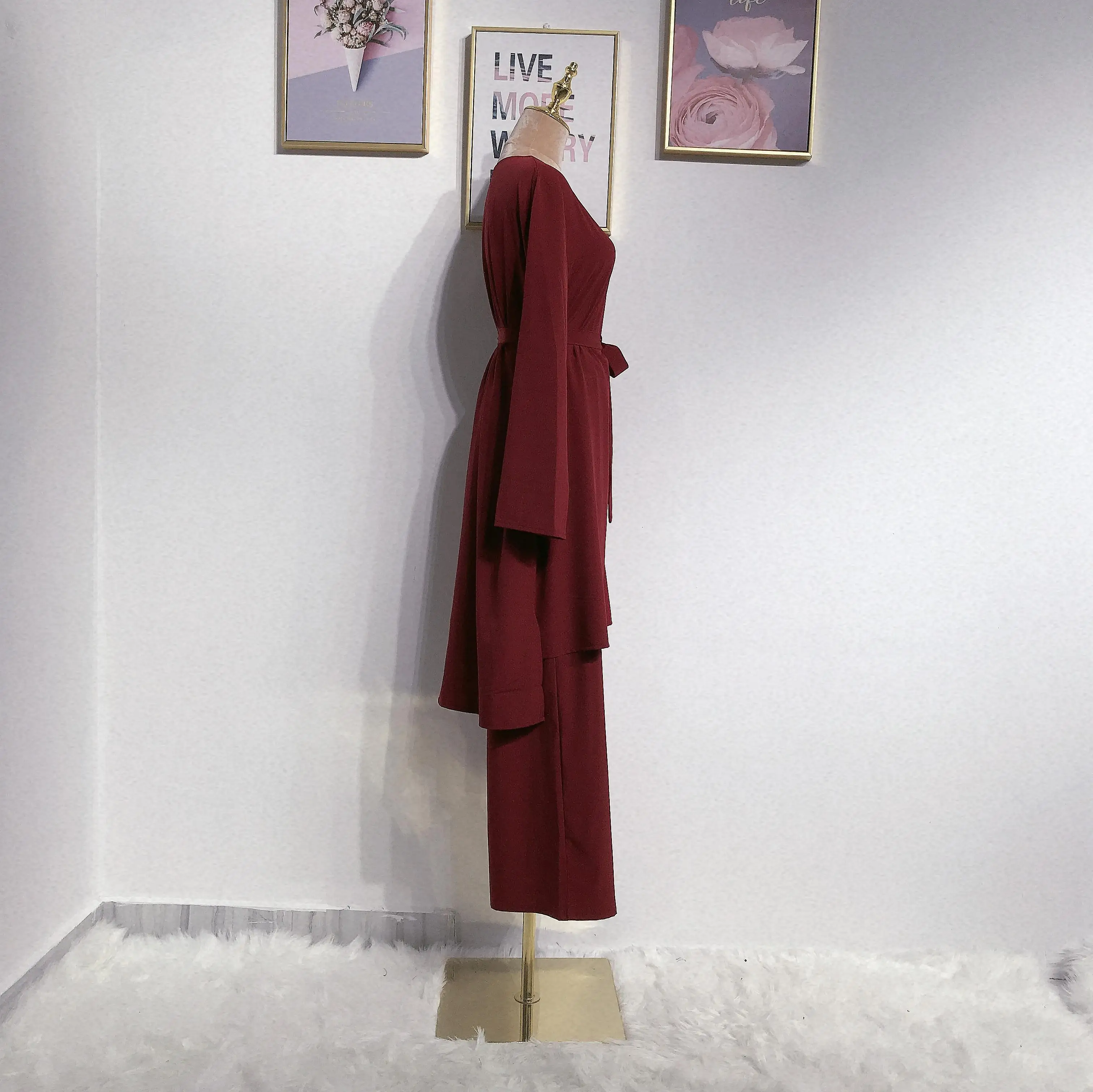 Абайя цзилбаб мусульманские Женские Длинные Топы с длинным рукавом и поясом