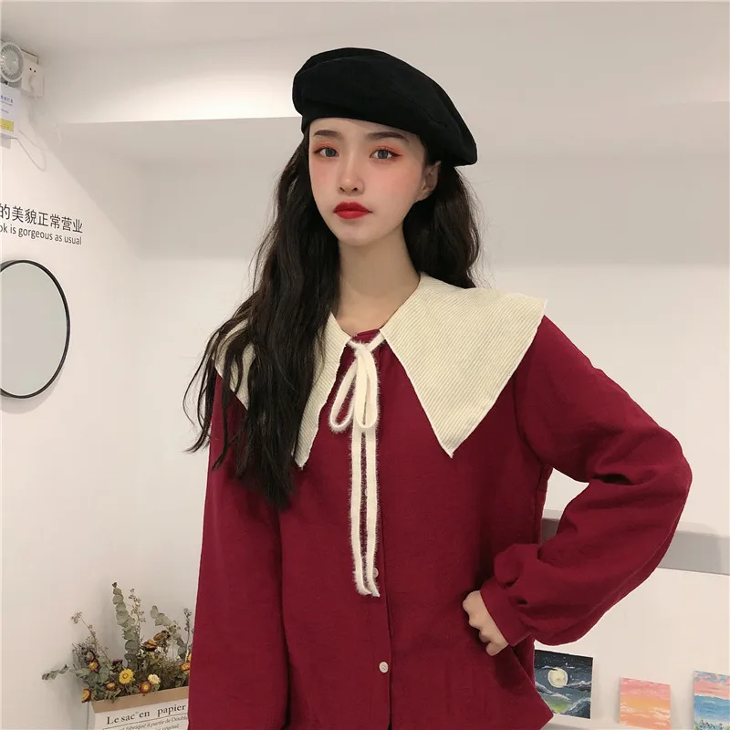 

Chic Sweet Preppy Style Peter Pan Collar Ladies Tops Korean Long Sleeve Shirts Women Blouses Fashion Brand Blusas Mujer De Moda