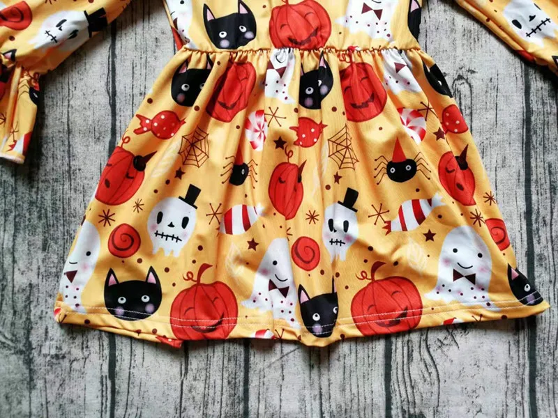 

INS Baby Dress Princess Girls Long Sleeve Halloween Dresses Cartoon Ghost Punpkin Printed Ruffle Dress Kids Vestidos D1355