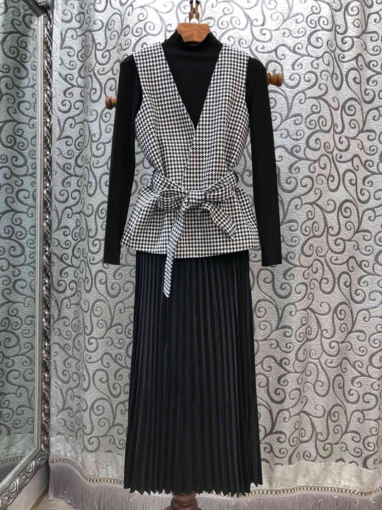 Женский комплект, осенне-зимний свитер, костюмы для женщин, водолазка, пуловеры+ регулируемый пояс, жилет, пальто+ плиссированная юбка до середины икры, комплекты