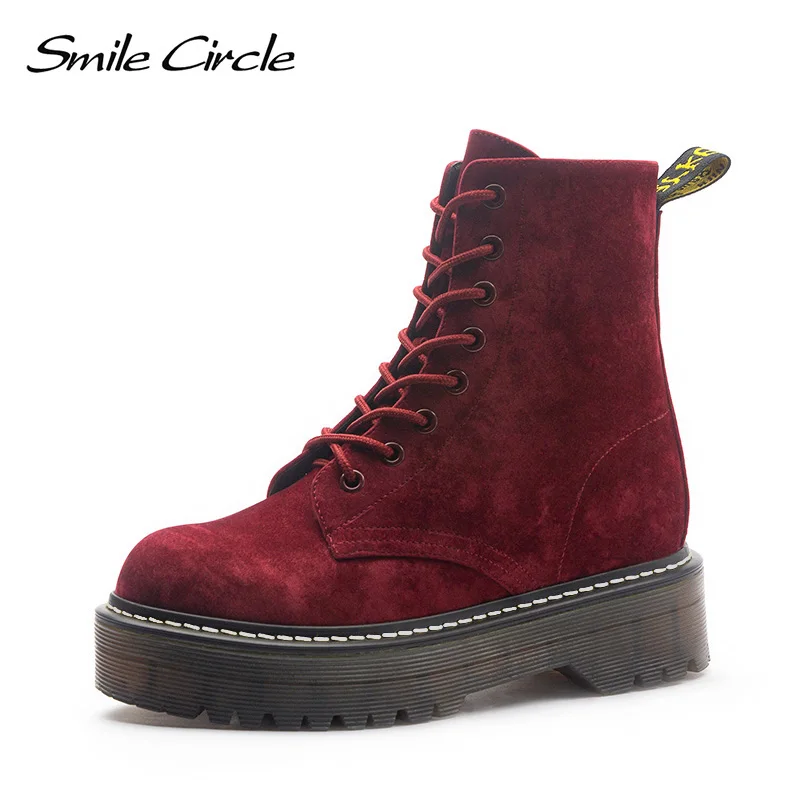 Женские мотоциклетные ботинки со смайликом и круглым Size36-41; сезон осень; коллекция года; модные армейские ботинки с круглым носком на шнуровке; женская обувь - Цвет: Suede red