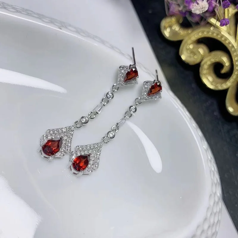 Natural Pink Garnet Flower Drop Earrings Real 925 Silver Drop Earrings Fine Charm Jewelry for Women