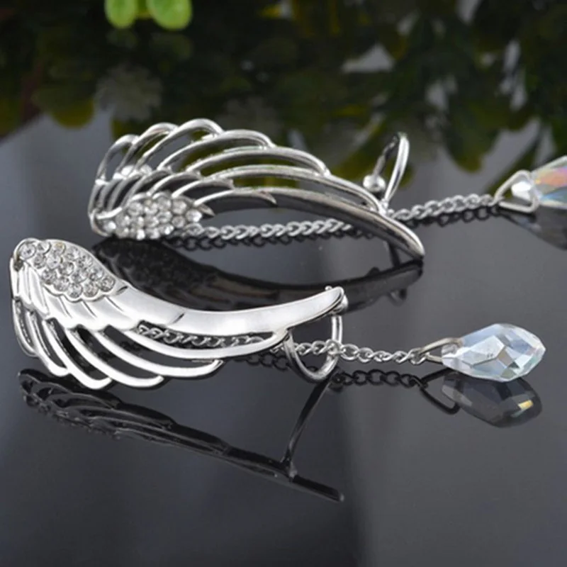 

2021 New Silver Angel Wing Stylist Crystal Earrings Drop Dangle Ear Stud For Women Long Cuff Earring Bohemia Jewelry