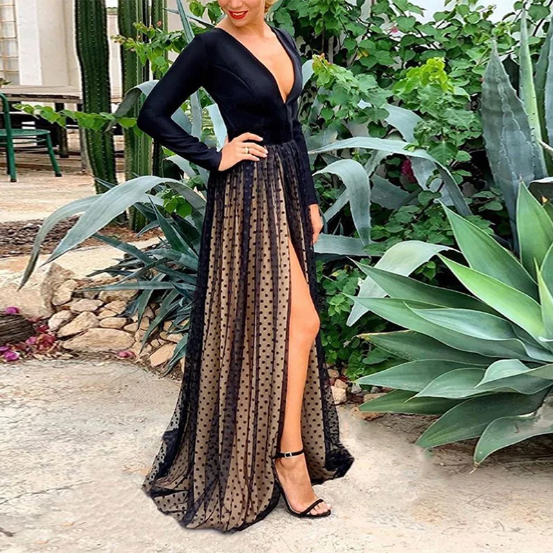 Сексуальное Сетчатое Макси платье с глубоким v образным вырезом женское