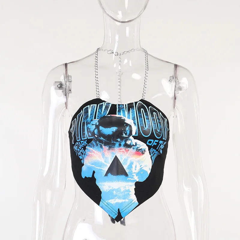 

Gothblack Sexy Harajuku Printing Halter Tube Tops Women Fashion Metal Chain Backless Slim Camis Summer Street Party Club Tops