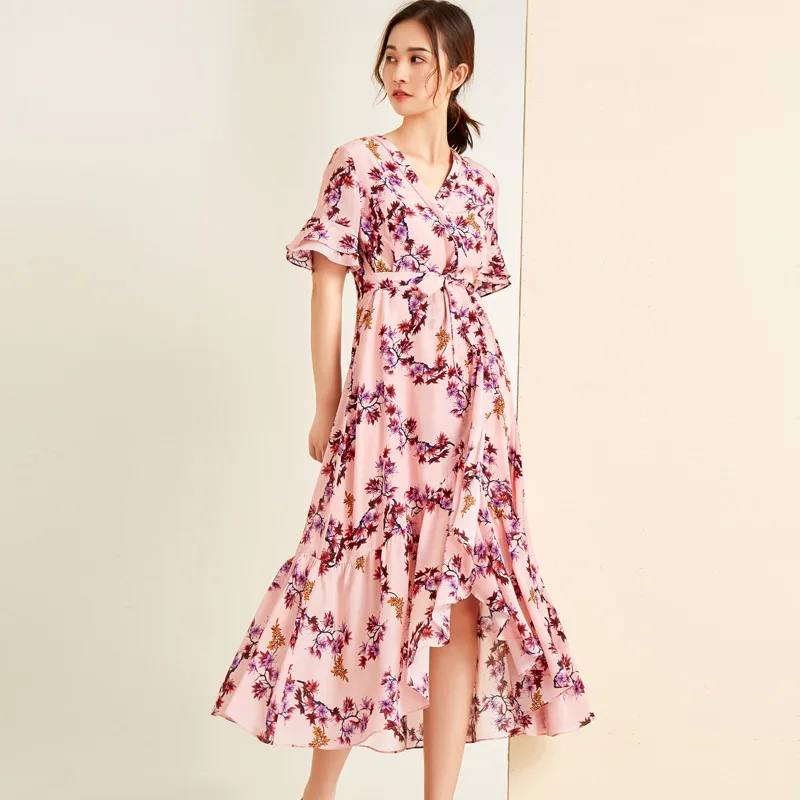 

Pink Leaves Floral Silk Dresses Women Fashion 2021 Summer Long Casual Sexy Office Work Daily Dress Plus Size Slim Fit A Line
