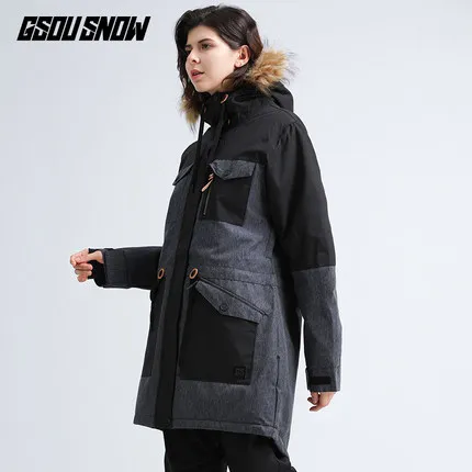 Женская лыжная куртка с меховым капюшоном GSOU ветрозащитная Водонепроницаемая