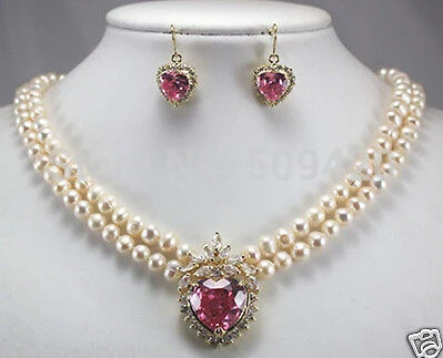 Бесплатная доставка&gt Новый 2 ряда белый жемчуг ожерелье + сердце розовый