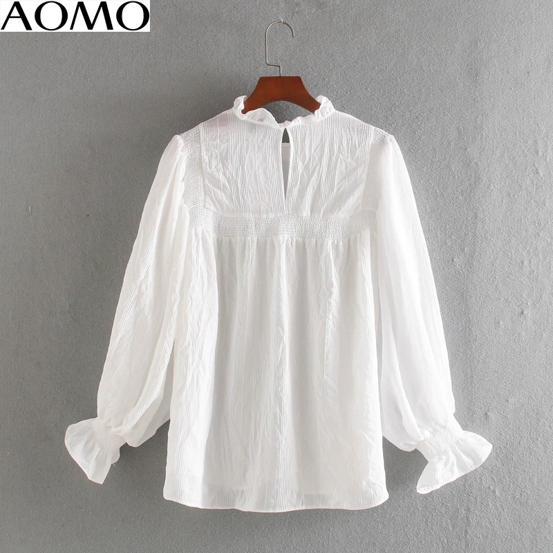 

AOMO fashion women ruffle pleated white cotton blouse shirts 2020 long sleeve ladies casual blouses CE241A