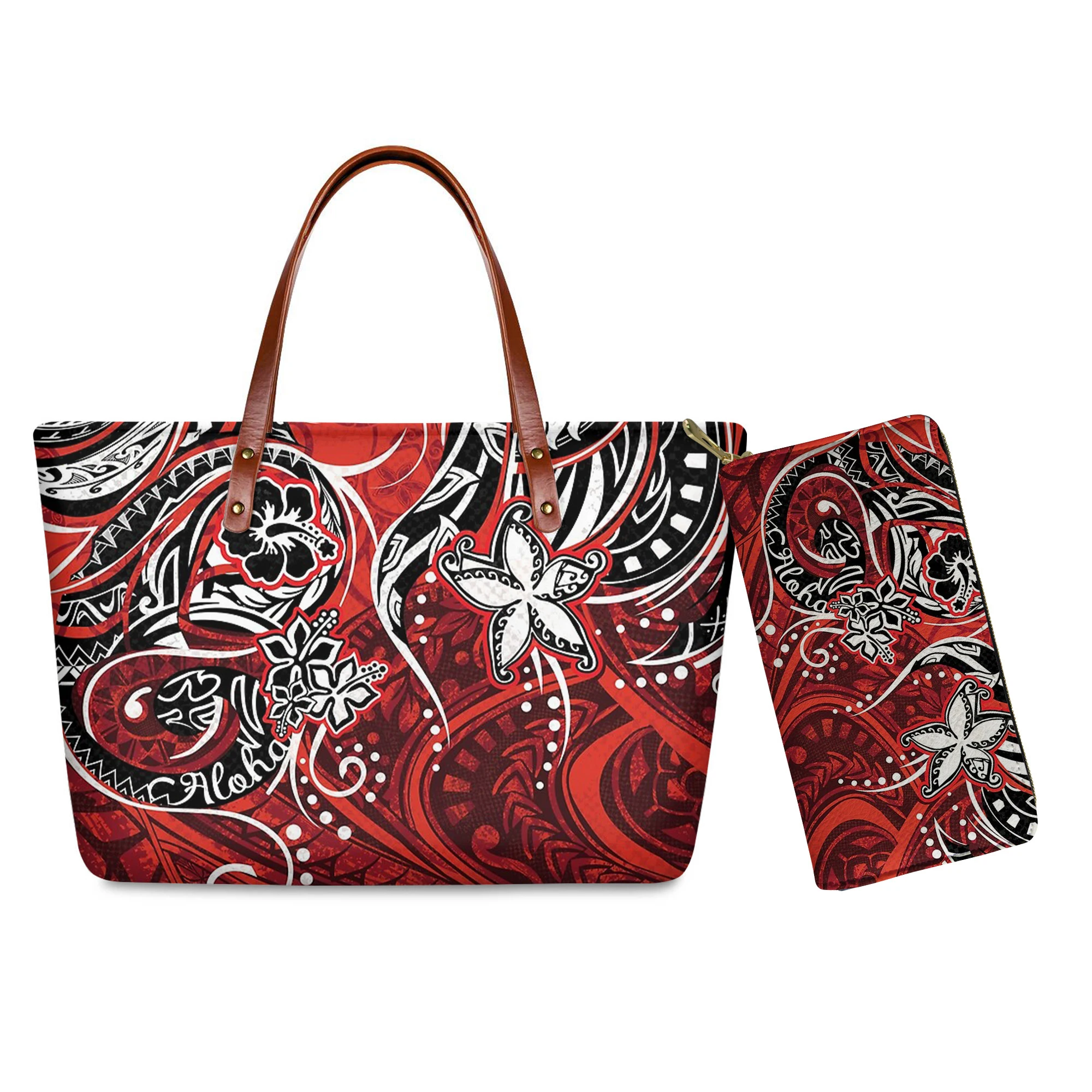 Hawaiian Red Tribal ALOHA Print Women Large Handbag Fashionable Customized Shoulder Bag Set with Wallet Tote Bolsa