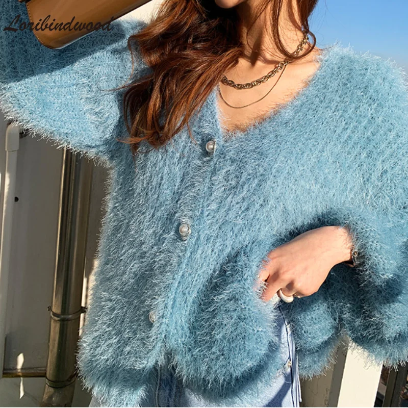 2021 осень и зима новый мохер жемчужная пуговица Вязаный Кардиган темперамент