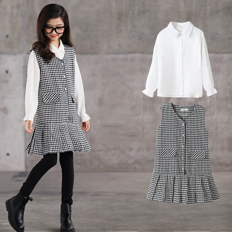 

Одежда для девочек 2021 г. Новые весенние белые рубашки + платье-жилет корейский комплект из 2 предметов, Детские комплекты с платьем осенняя о...