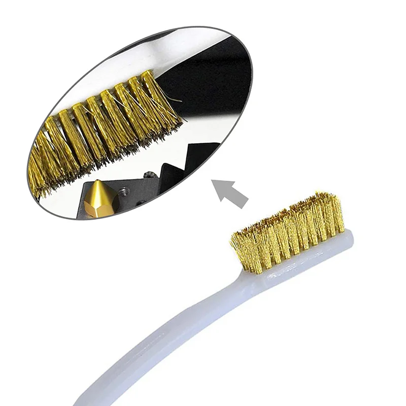 Щетка для чистки горячих сопел 3D принтера с проволочной щетиной из латуни, меди, стали и нейлона и пластиковой ручкой.