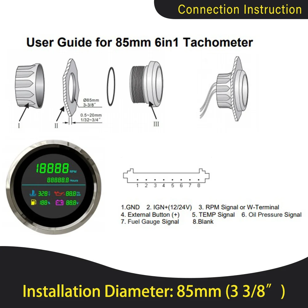 Тахометр 6 в 1 водонепроницаемый 85 мм ЖК-дисплей 0-19999 ОБ/мин