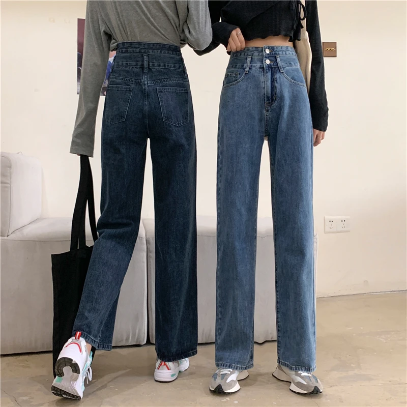 

High Waist Women Jeans Streetwear Korean Fashion Pants Casual Straight 2021 Summer Wide Leg Vintage Baggy Ladies Denim Trouser