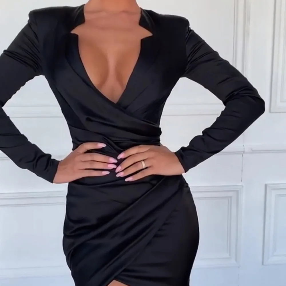 Осенние женские атласные офисные платья с длинным рукавом и v образным вырезом