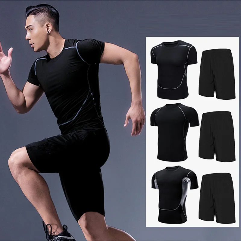 

New Summer Fitness Short-sleeved Suit Men's Outdoor Breathable Quick-drying Leisure Sports Two-piece Running Set Men Tracksuit
