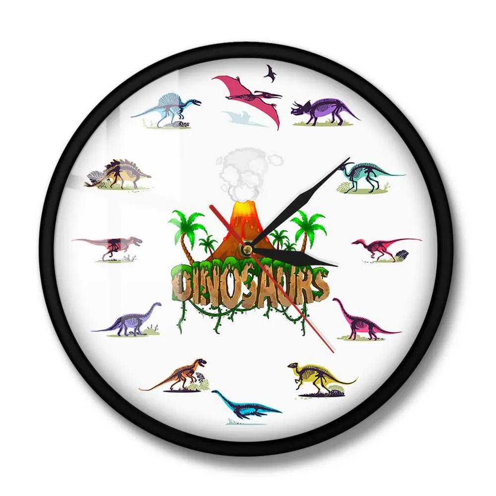 Дино скелеты с красочным рисунком акриловые настенные часы извержение вулкана