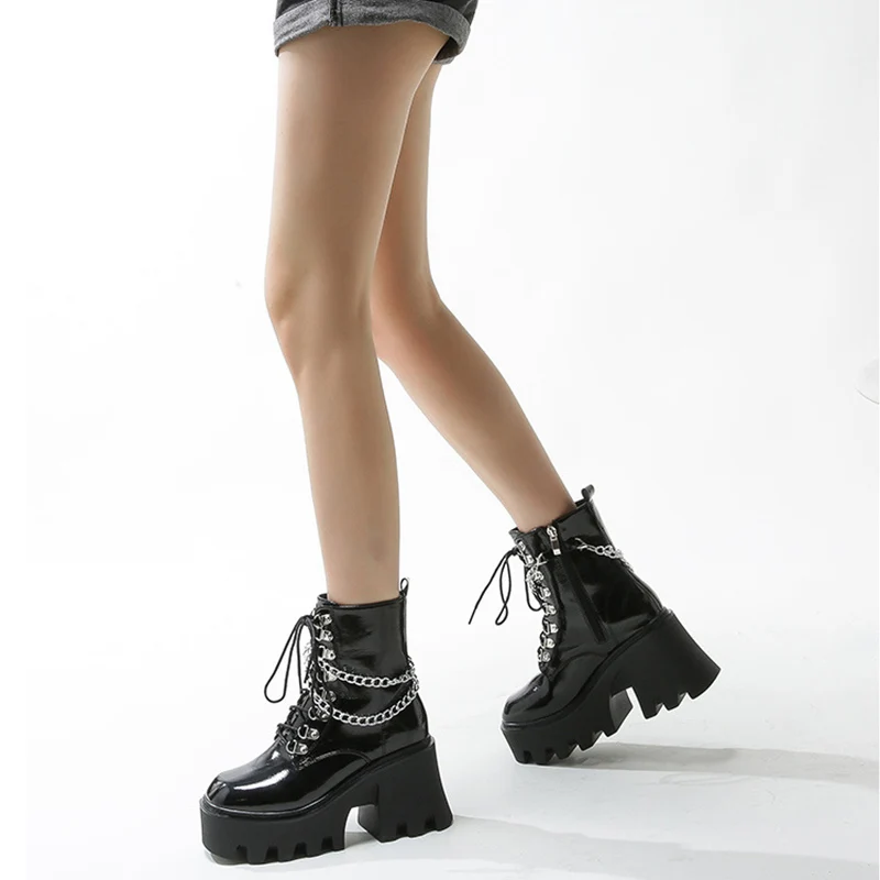 

Женские кожаные ботильоны на молнии, полусапожки в готическом стиле на платформе, с металлической цепочкой, Размеры 35-43, для осени и зимы, 2021