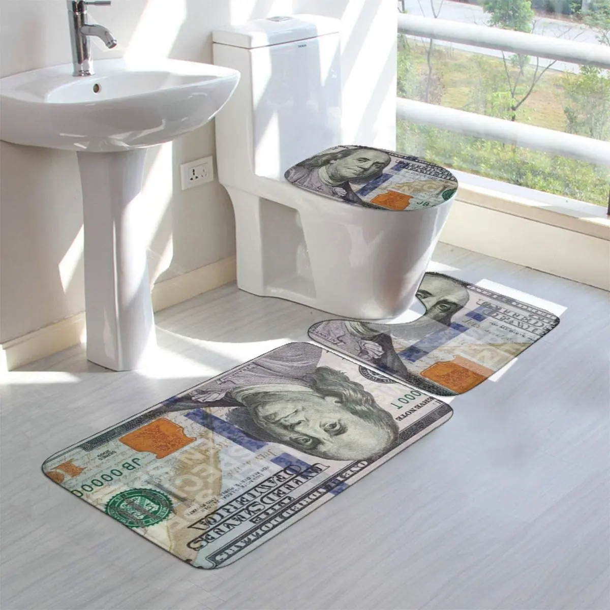 Prezzo $100 Bill Comodo Flanella Tappeto Da Bagno Set 3 Pezzi Di Morbido Tappetino Da Bagno Antiscivolo Con Cuscino Tappeto Contorno