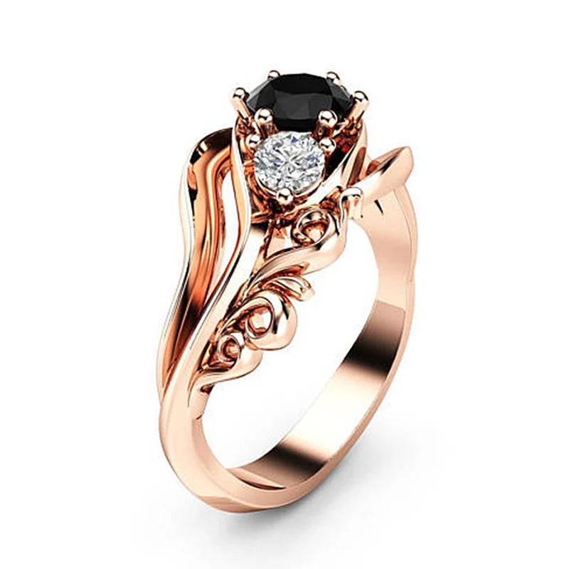 

Witch Ring Unique Black Stone Prong Setting Twist Band Design Rose Gold Color Women Engagement Finger Rings Wholesale