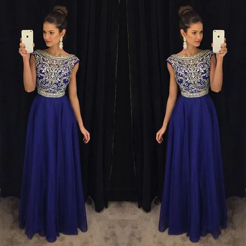 Королевский синий бисером платья для выпускного со стразами Длинные партии largos de