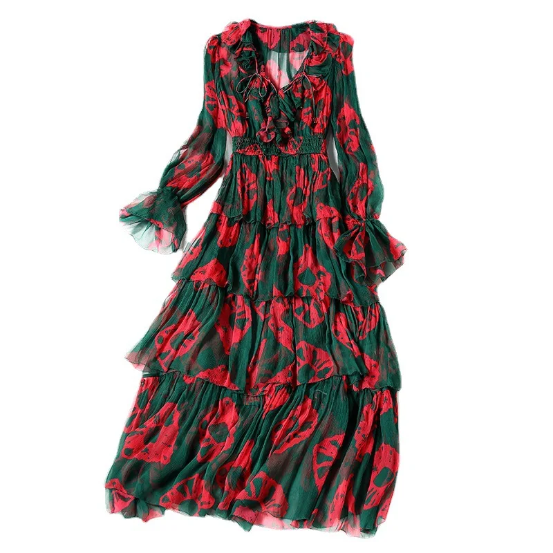 

Spring/summer 2021 new green petal V-neck midi skirt high waist fashion print four-piece silk smooth dress