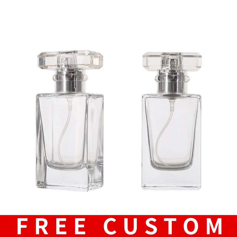 

Free Custom Logo 35ml Transparent Thick Bottom Square Glass Perfume Empty Press Bottle with Sprayer For Travel Set
