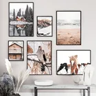 Картина на холсте снег озеро дом сосна Орел лошадь стена искусство зима скандинавские плакаты и принты картины для украшения гостиной