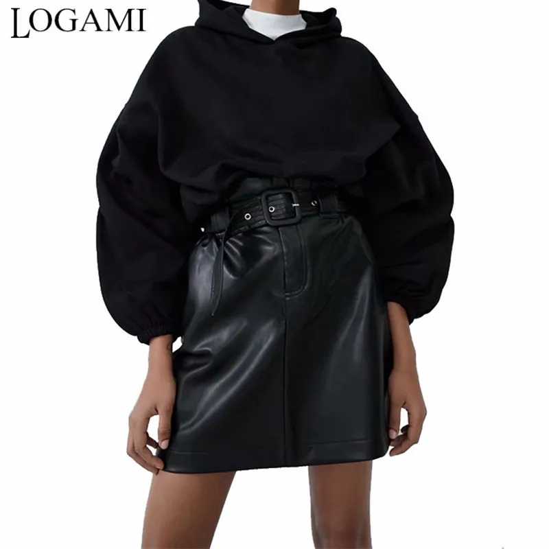 

LOGAMI PU Faux Leather Skirt with Belt 2020 High Waist Pleated Streetwear Skirts Womens A Line Mini Skirt