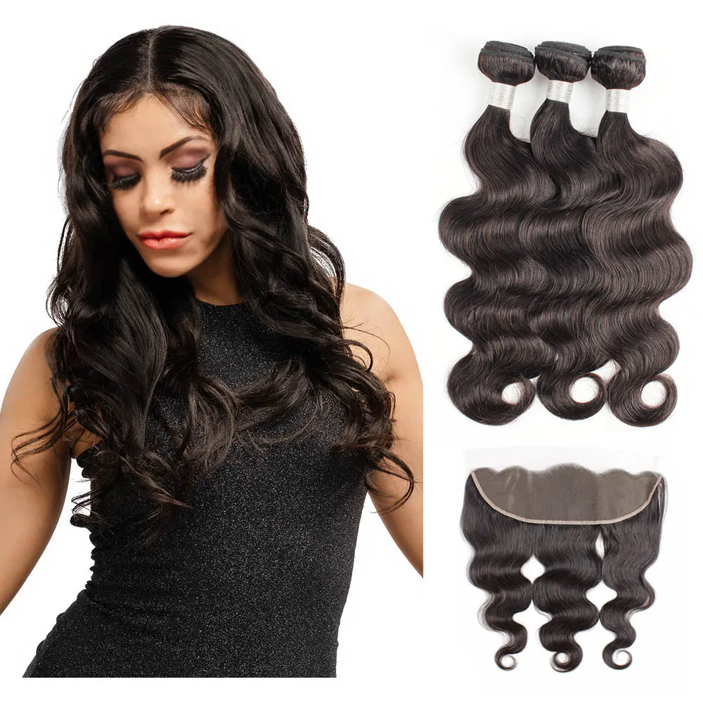 2/3 Bundles With Frontal 13x4 Transparent Lace Closure Free Part Body Wave Remy Human Hair Weave Extensions Bobbi Collection