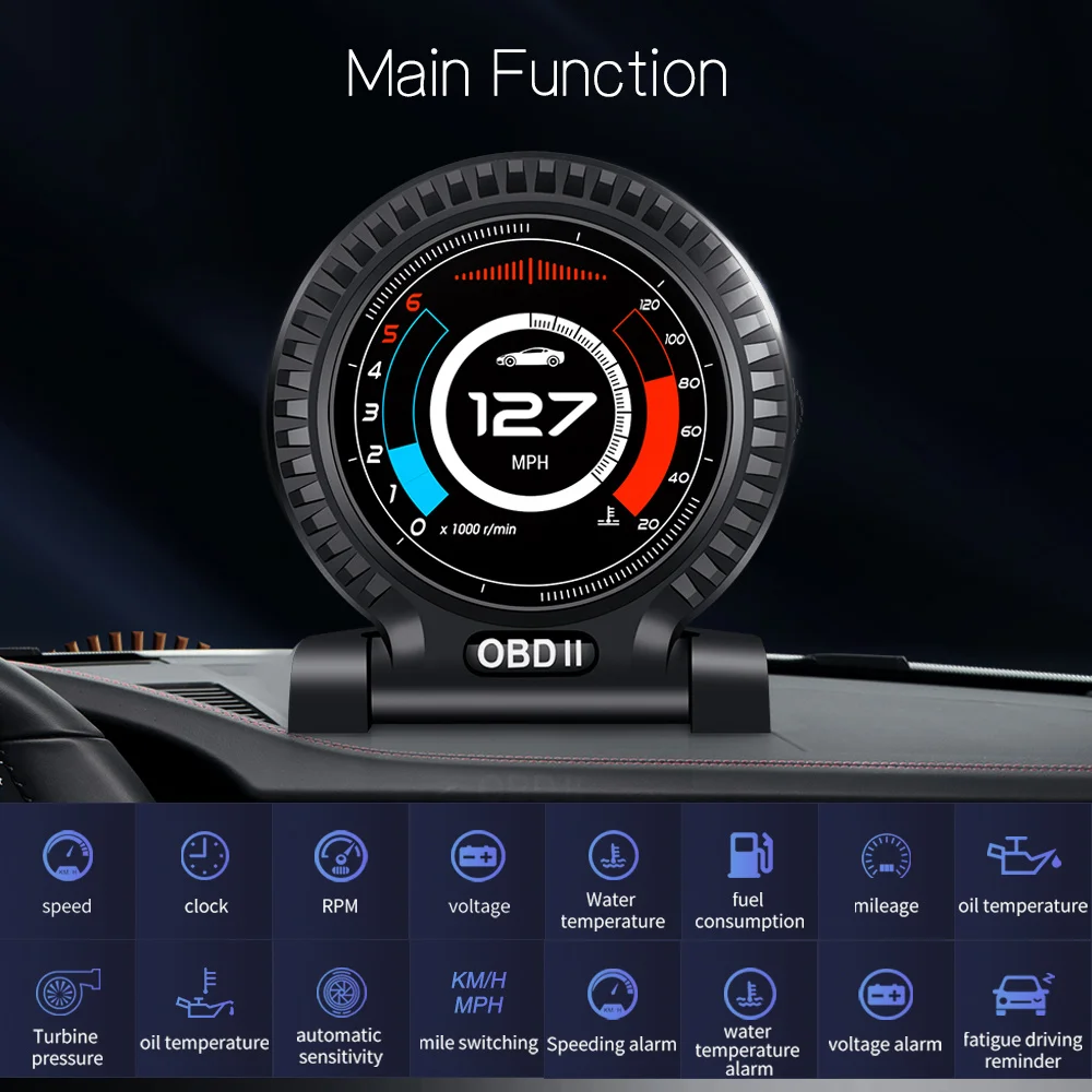 

Upgraded OBD2 HUD Display High-Performance Car Speedometer Turbo Boost Pressure Meter Alarm Oil Water Temp Gauge Code Reader