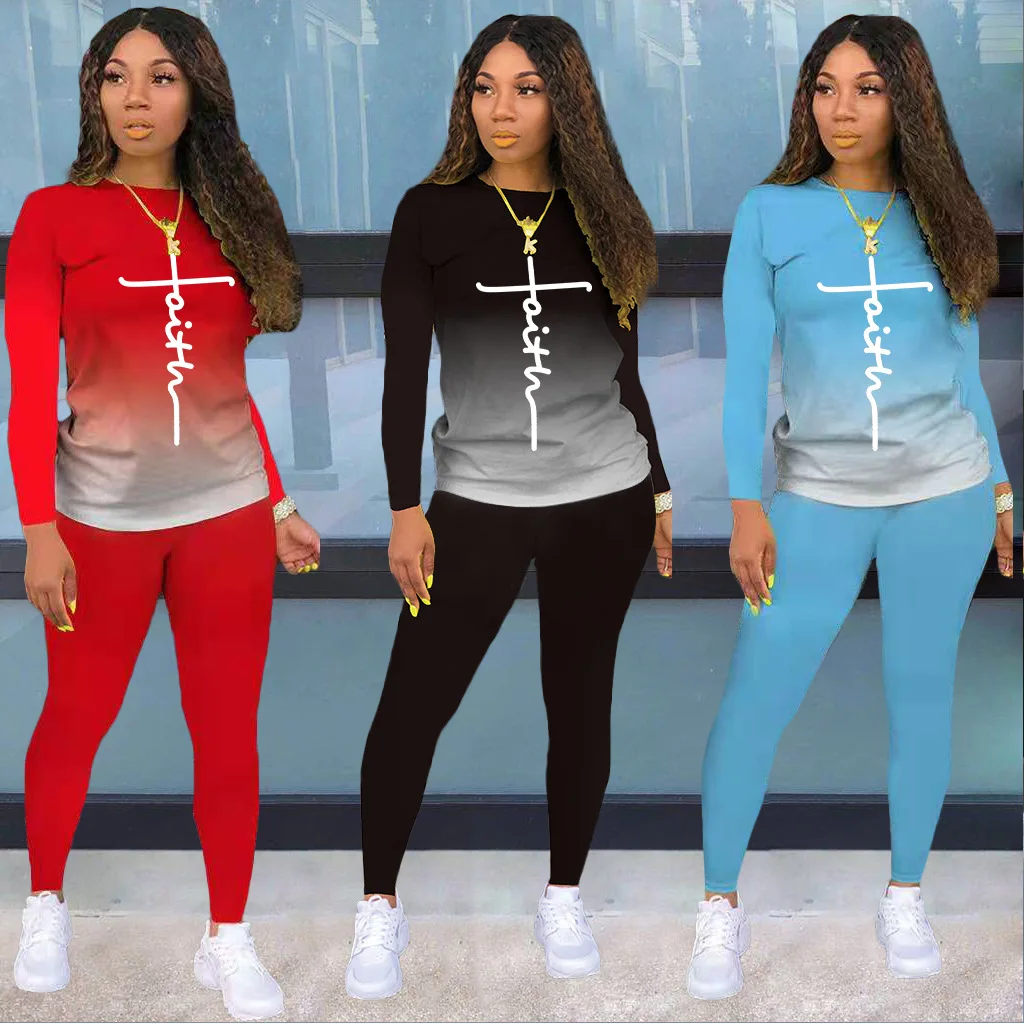 

Autumn Two Piece Set Women Fashion Gradient Letter Print Long Sleeve Tshirt Pant Suit Women Sports Street Two Piece Suit