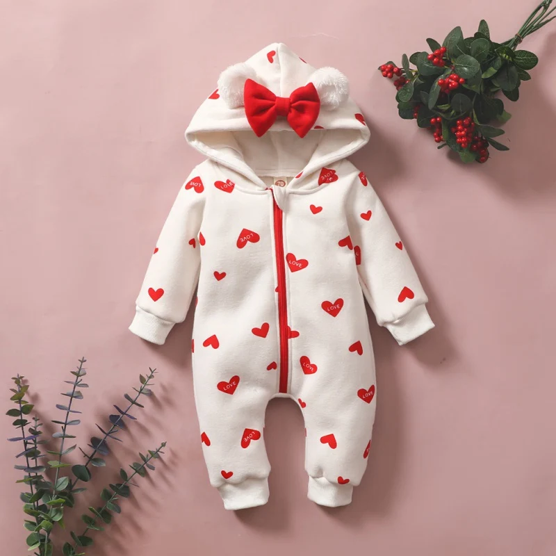 

Autumn Cute Baby Girls Boys Plus Velvet Love Pattern Hoodied Romper Bodysuit Infant Kids Winter Clothes Long Sleeve OuterwearNew