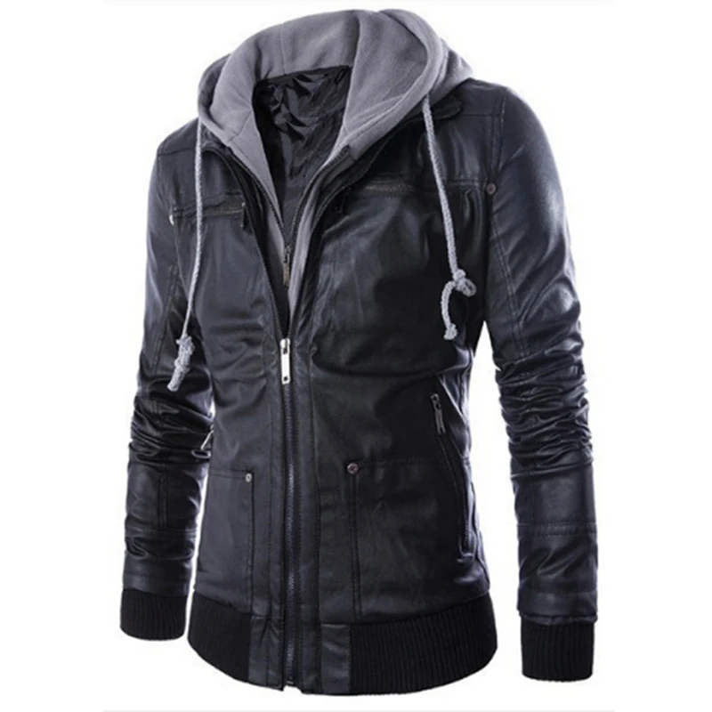 

Leather Jacket Men Fake Two-Piece Fashion Slim Zipper Hooded Black Motorcycle Spring And Autumn Faux Leather Coat 4XL