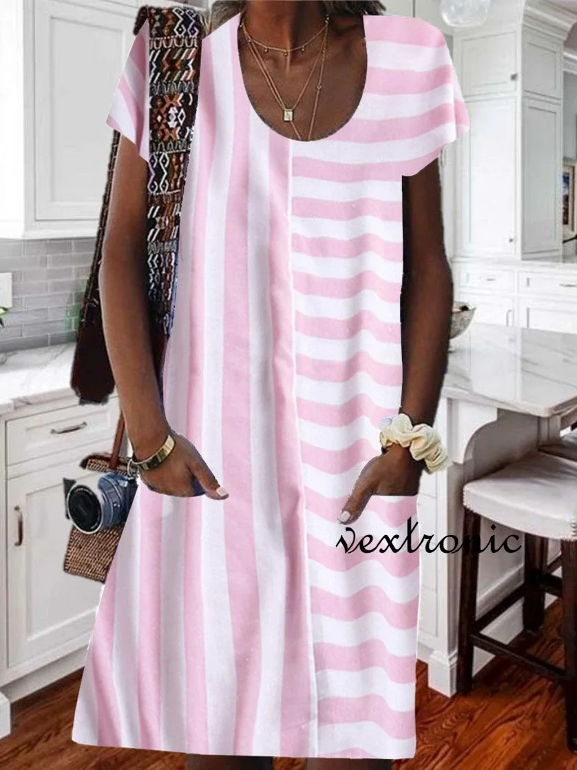 

New Stripe stitching pocket dress for women