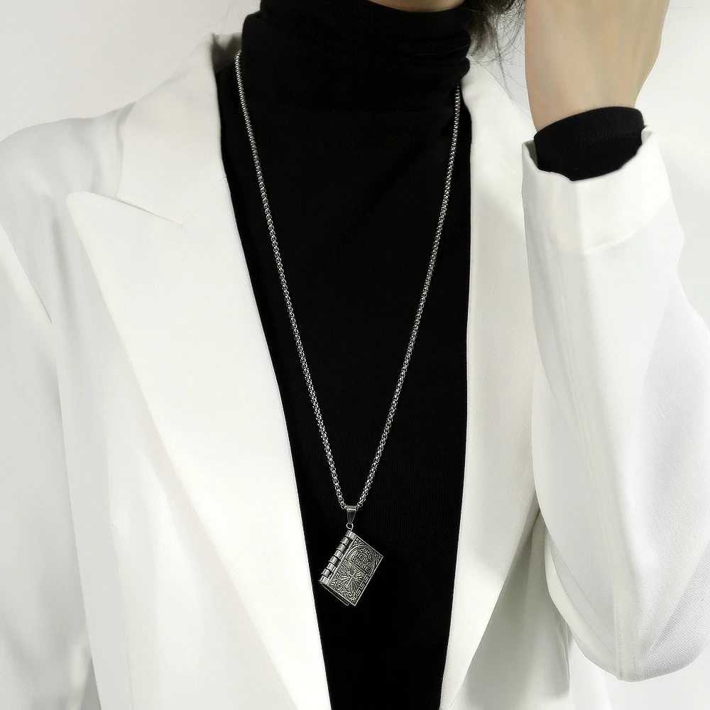 

Cyue European Fashion Punk Cross Book Charm Pendant Stainless Steel Necklace Chain For Girl Boy Unisex Jewelry
