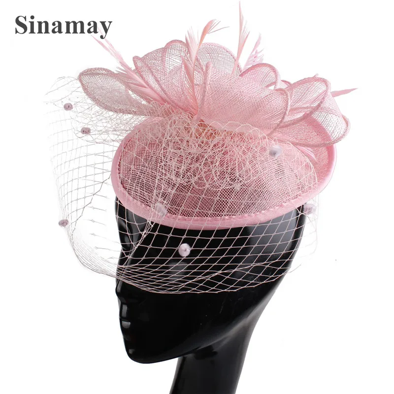 Yellow Elagant Ladies Sinamay Fascinators Feather Mesh Hair Accessories Bridal Wedding Dot Veils Headdress Fedora Caps |