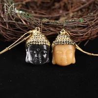 yammy natural crystal carved buddhist head pendant gold chain clear glass aventurine gem stone buddhist necklace jewelry