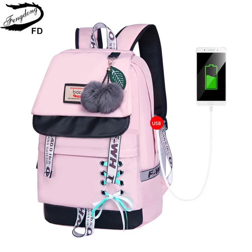 Женский рюкзак с бантом Fengdong, черный школьный рюкзак для девочек-подростков, с usb-разъемом, осень 2019