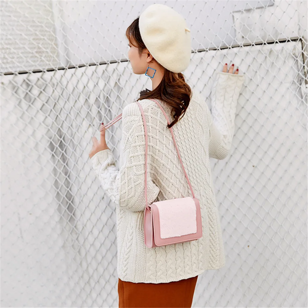 

Fashion Women Shoulder Leopard Print Rabbit Fur Luxury Crossbody Messager Bag Small Square Handbag Party Evening Female Lady