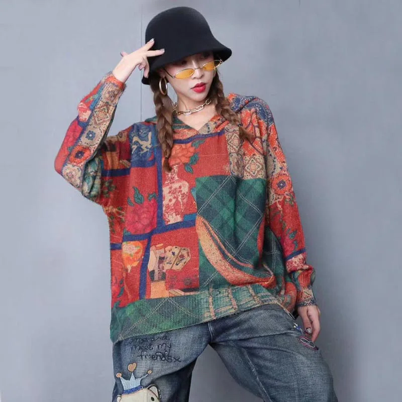 

Hip Hop Oversize Mink Cashmere Autumn Winter Sweater Hooded Women Retro Print Female Casual Warm All-match Plus Size Sweater