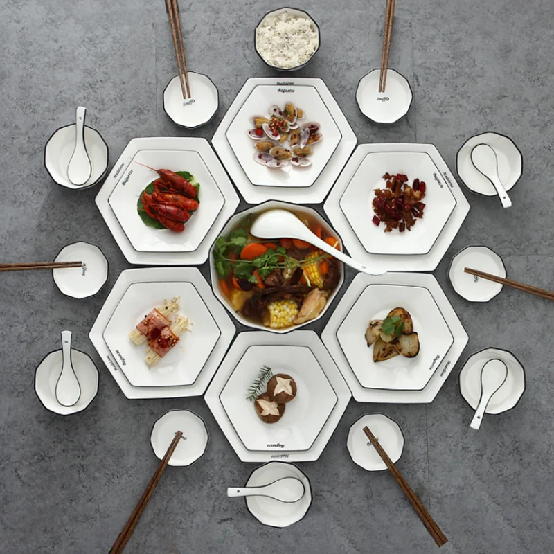 Bone China Tableware Suit Plate Set European Simple Style Creative Hexagon Combination Chopsticks Spoon Bowl Dishes Dinnerware | Дом и сад