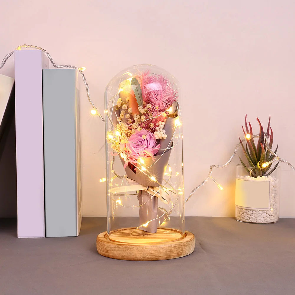 Романтический ночник Роза в стеклянном куполе деревянная основа подарки на день