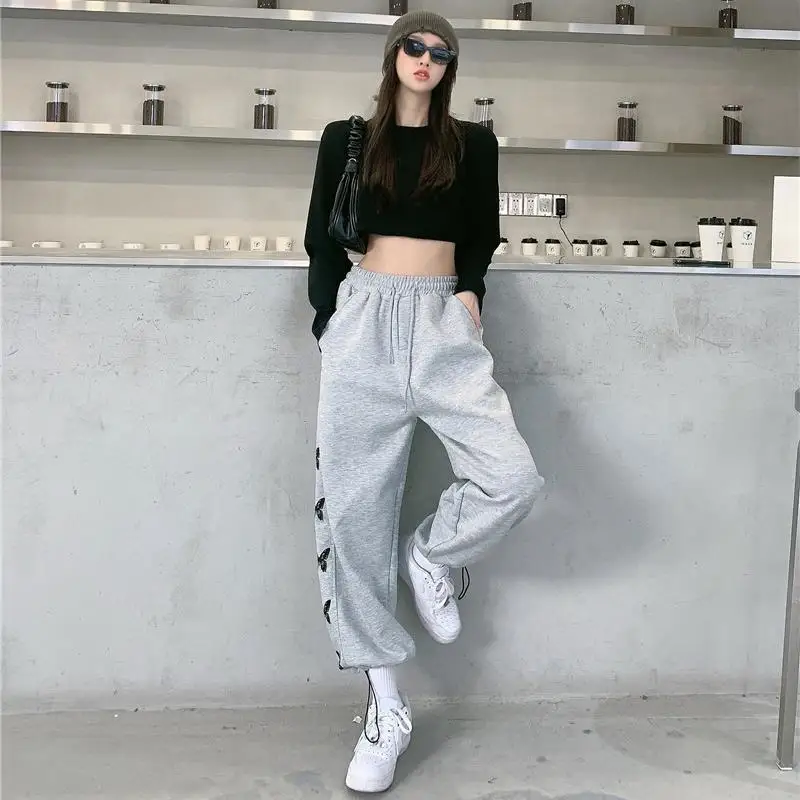 

New style Hong Kong fashion show thin high waist loose BF corset harem sweatpants Plush pants women's fashion