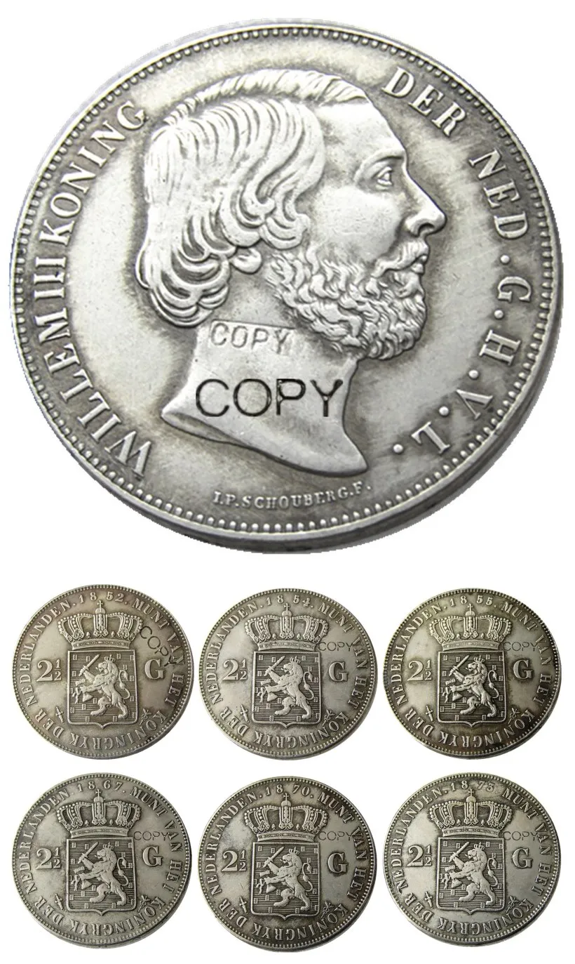 

Netherlands,A set of 1852-1873 6pcs 2 1/2 Gulden Willem lll Silver Plated Copy Decorative Coin