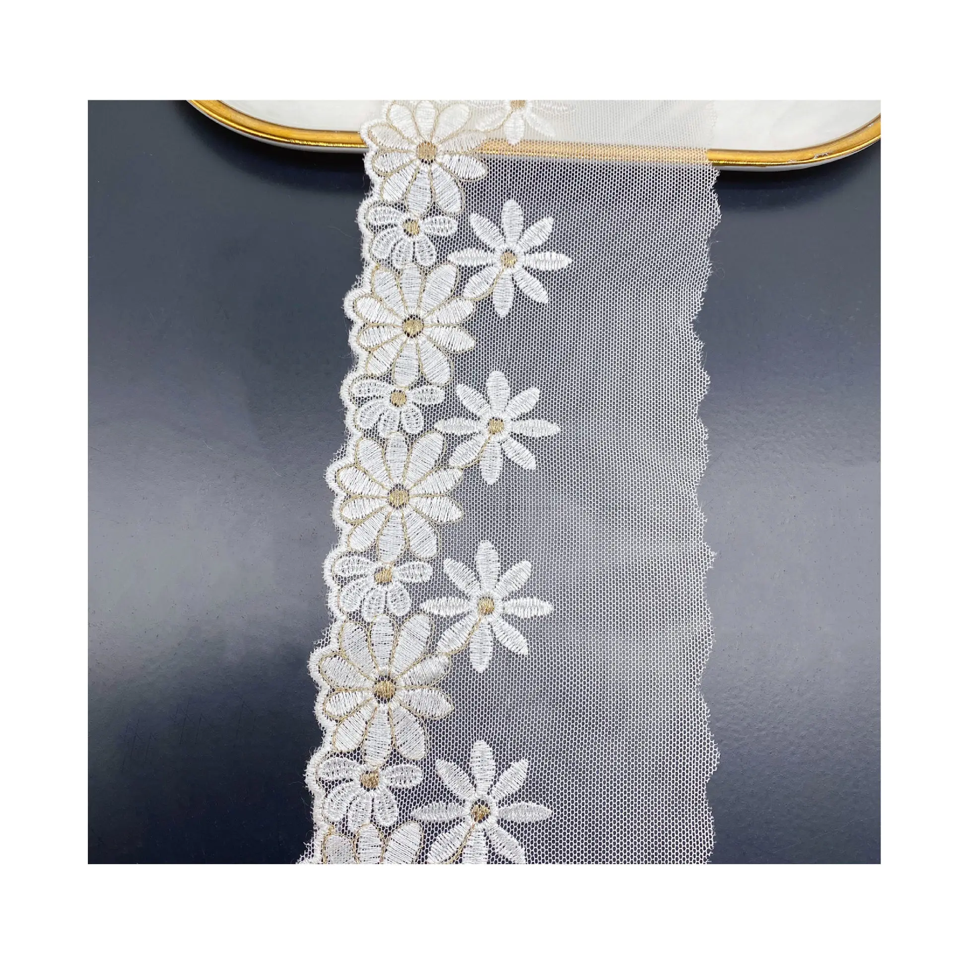 10 3 см Ширина ярда/лот сетчатая Вышивка Два цвета золотой цветок кружевная ткань