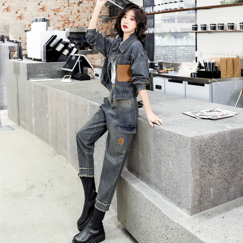 

Denim Suit 2021 New Spring Autumn Fashion Fried Street Korean Outfit High Waist Slim Two-piece Set For Women Streetwear Trendy
